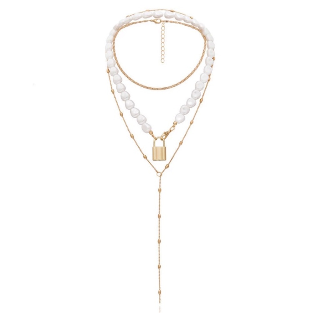 Gold Faux Pearl Three Lines Necklace Statement - Picture 2 of 4